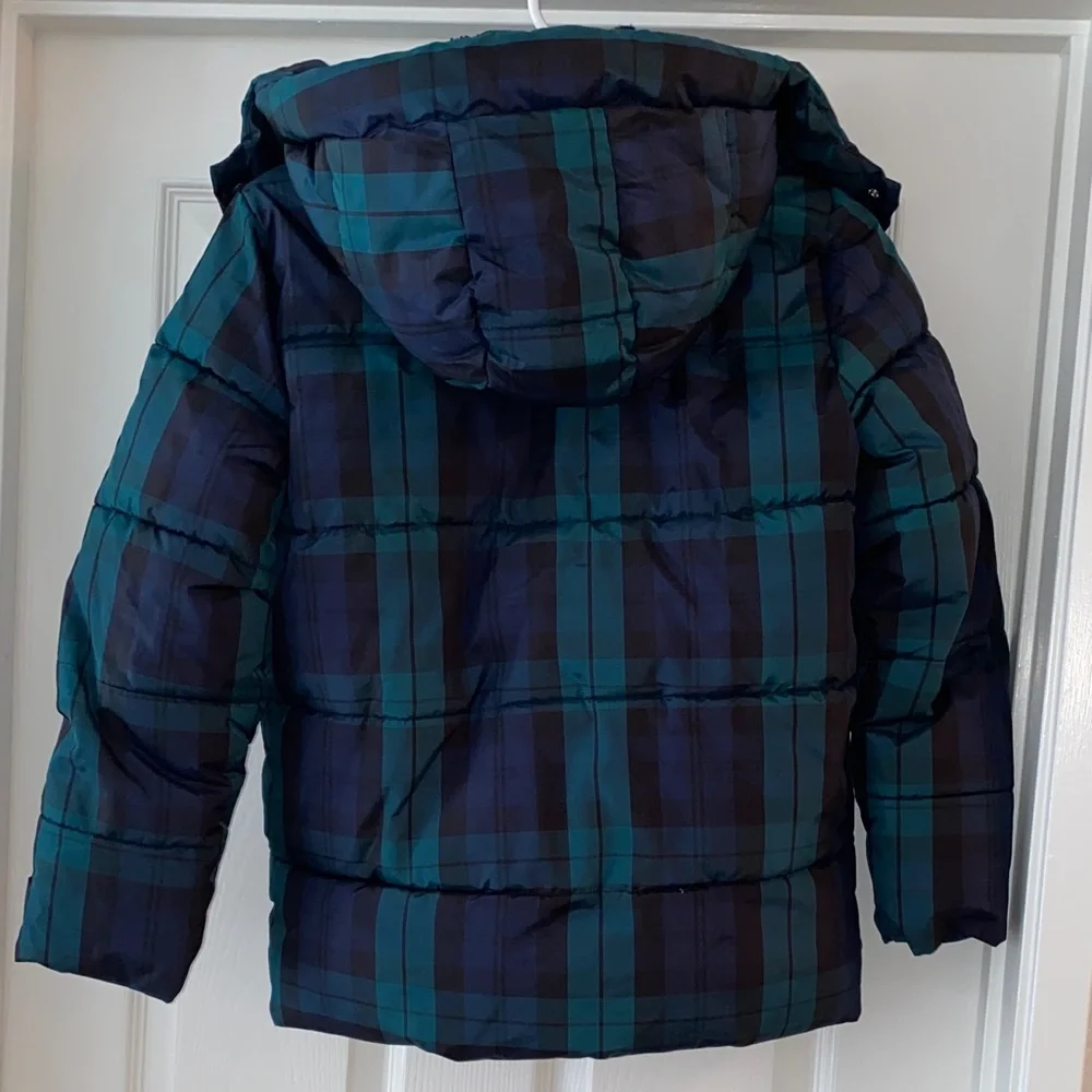 GAP Kids Navy & Green Plaid Fleece-lined Puffer Jacket. Size Large